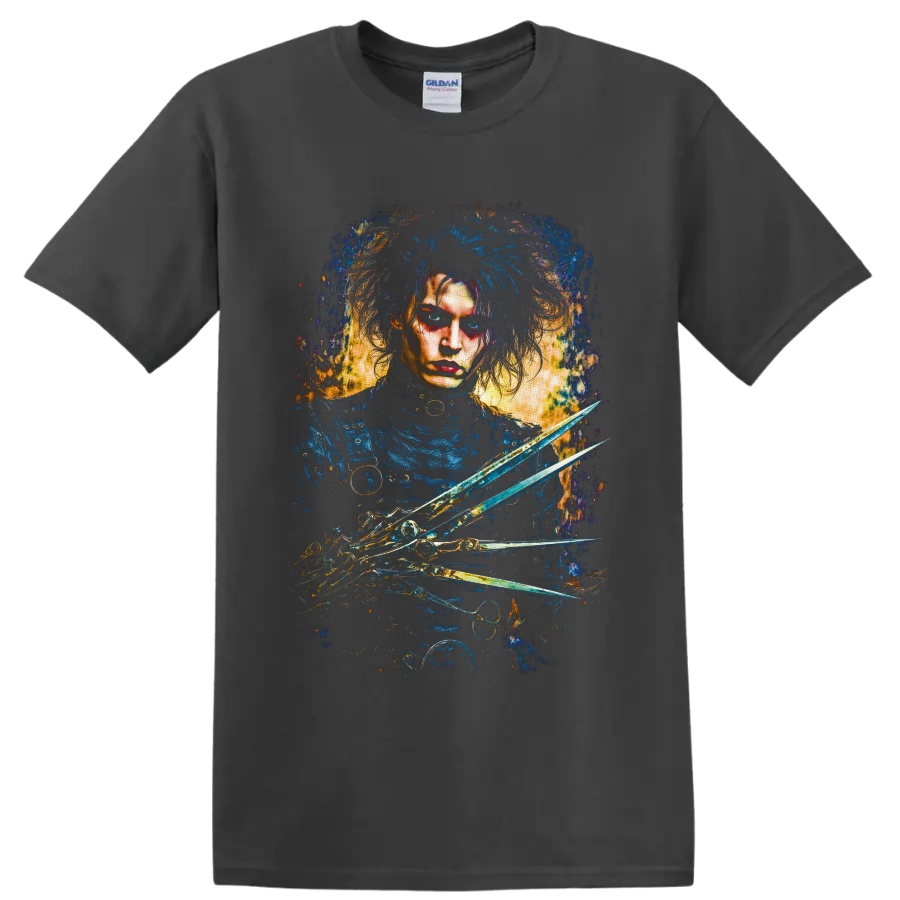 Edward Scissorhands gothic portrait with scissor hands and blue-gold paint splatters on a Charcoal T Shirt