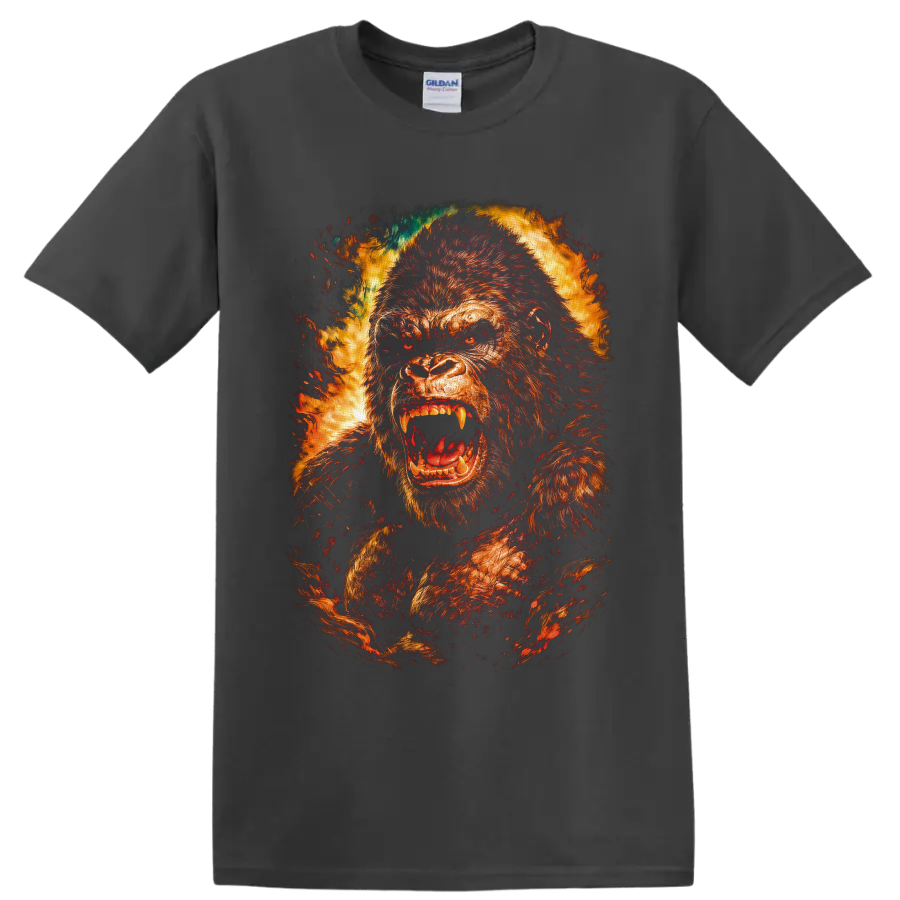 Kong roaring giant ape in fiery distressed monster movie graphic art on a Charcoal T Shirt