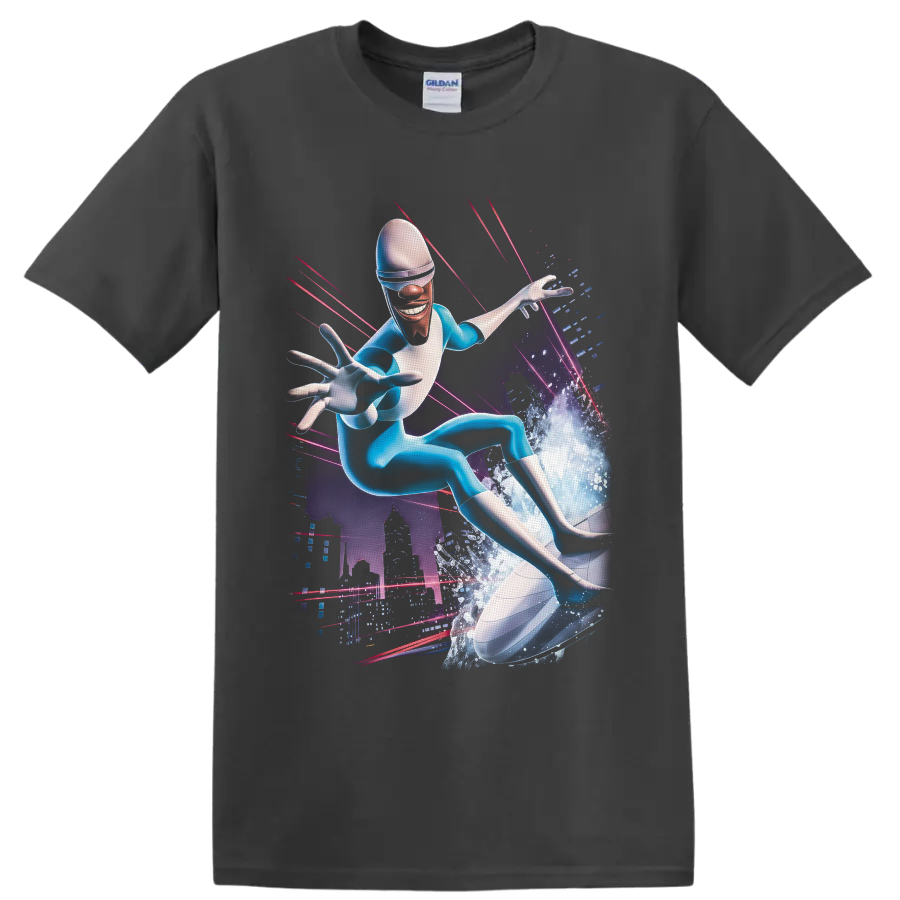 Frozone surfing an ice wave in a neon futuristic city graphic on a Charcoal T Shirt