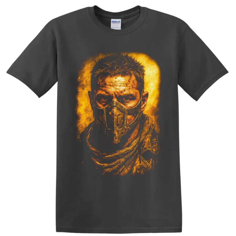 Distressed fiery portrait of a masked Mad Max: Fury Road wasteland figure on a Charcoal T Shirt