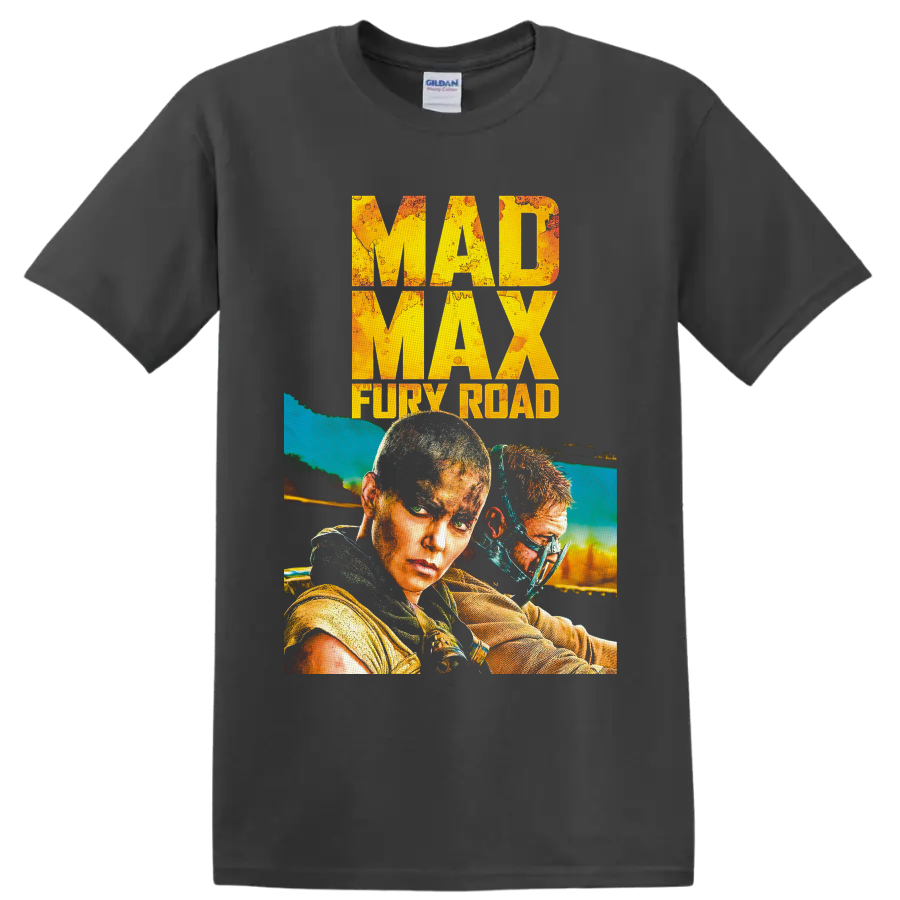 Furiosa and masked warrior in distressed Mad Max Fury Road action poster art on a Charcoal T Shirt