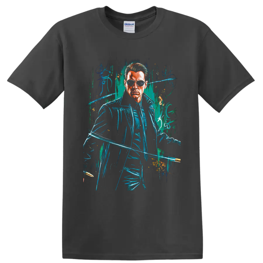 The Matrix cyberpunk sunglasses figure with neon digital distressed artwork on a Charcoal T Shirt
