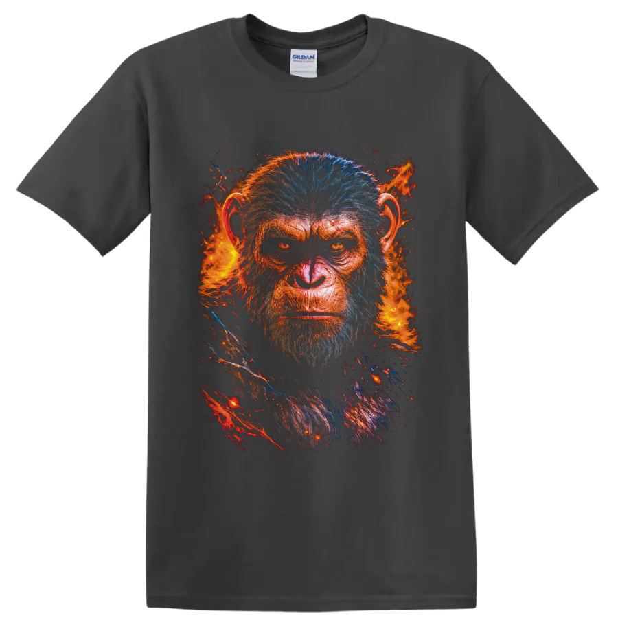 Caesar Planet of the Apes portrait with blue fur, orange flames, and embers on a Charcoal T Shirt