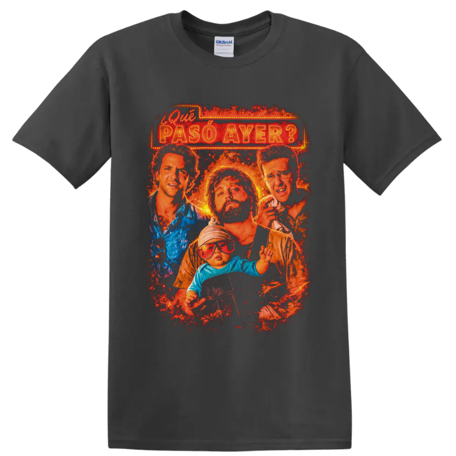 The Hangover cast and baby in fiery distressed marquee movie poster graphic on a Charcoal T Shirt
