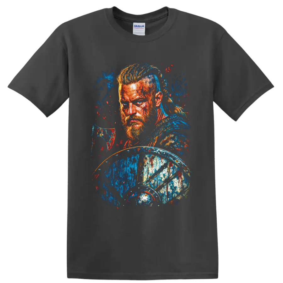 Ragnar Lothbrok warrior portrait with axe and shield in vibrant splatter-paint style on a Charcoal T Shirt