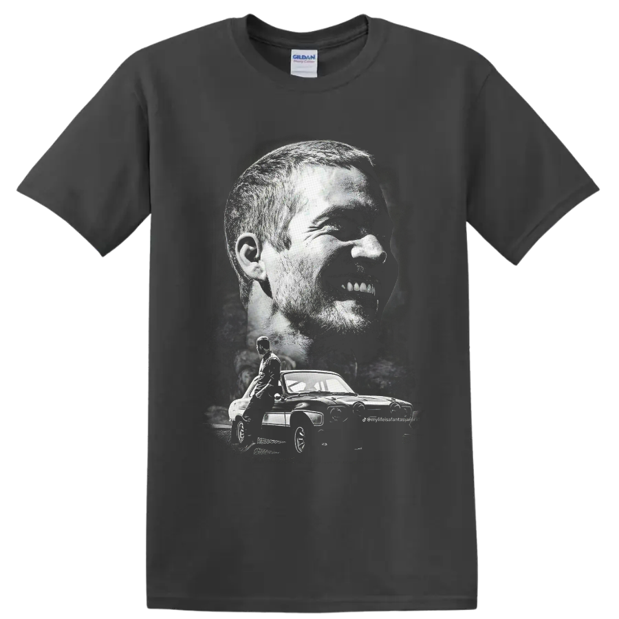 Brian O'Conner portrait and Ford Escort RS2000 in distressed monochrome graphic art on a Charcoal T Shirt
