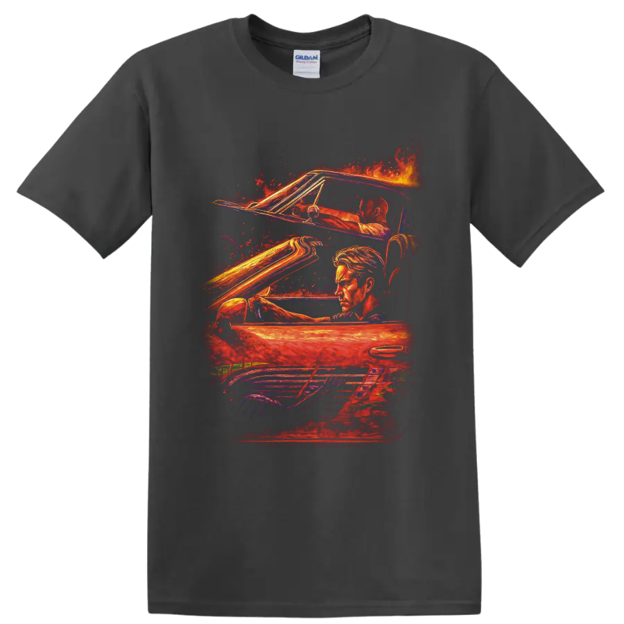 Brian O'Conner fiery street racing art with a performance car and illustrated portrait on a Charcoal T Shirt