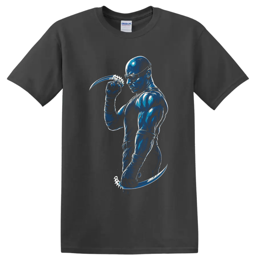 Riddick with goggles and curved blades in distressed blue sci-fi action art on a Charcoal T Shirt