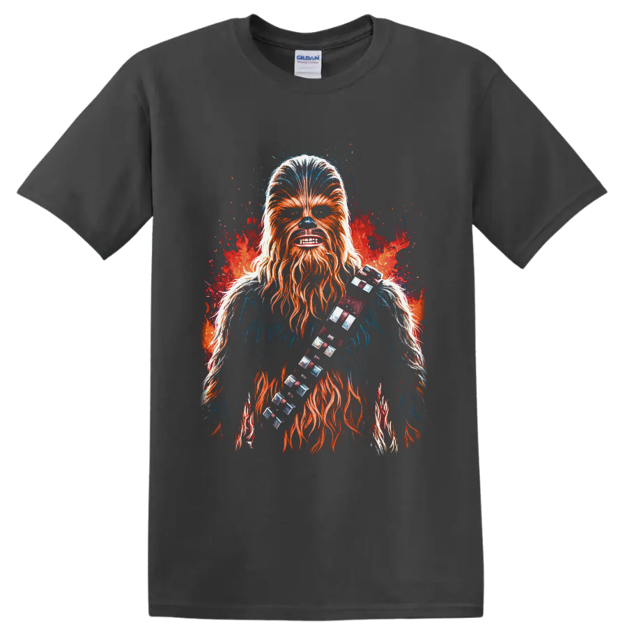 Chewbacca fiery splash-art portrait with bandolier on a Charcoal T Shirt