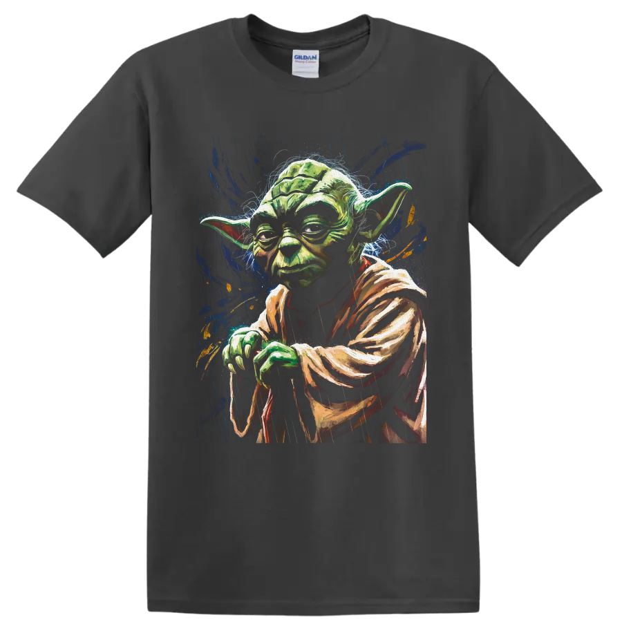 Yoda portrait in painterly galactic paint splash art on a Charcoal T Shirt
