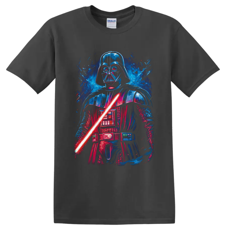 Darth Vader neon-style portrait with red lightsaber and blue sci-fi splatter on a Charcoal T Shirt