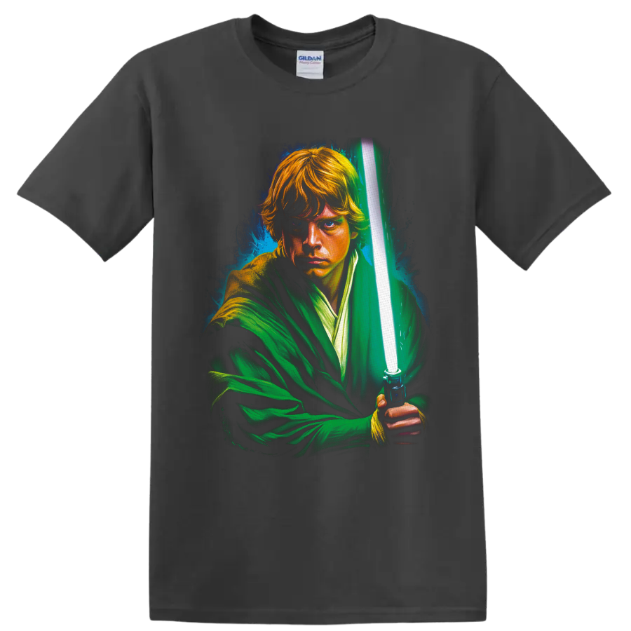 Luke Skywalker painterly portrait holding a glowing green lightsaber on a Charcoal T Shirt