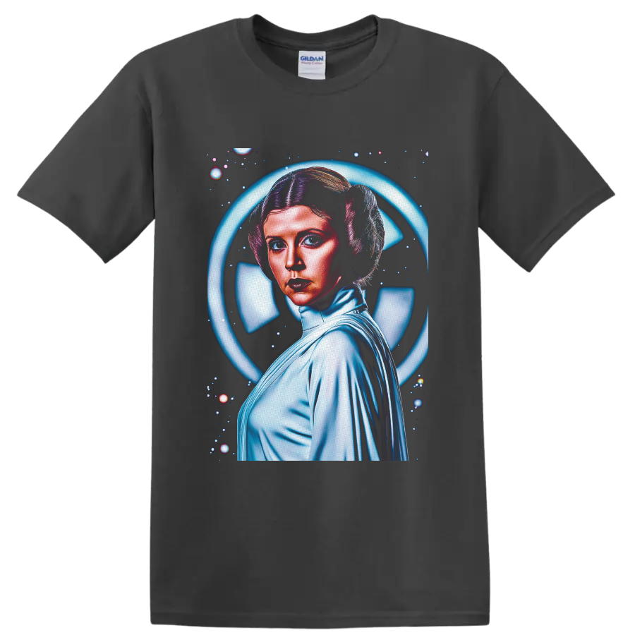 Princess Leia retro space portrait with glowing blue halo and starfield on a Charcoal T Shirt