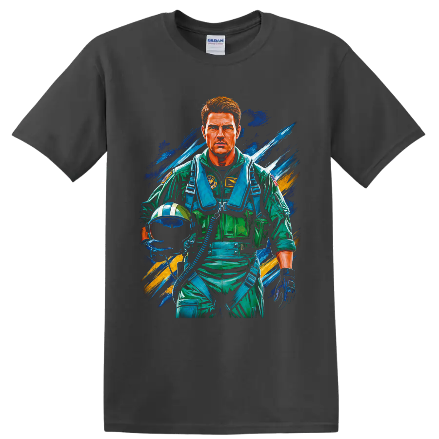 Pete Maverick Mitchell fighter pilot portrait in vibrant Top Gun style on a Charcoal T Shirt
