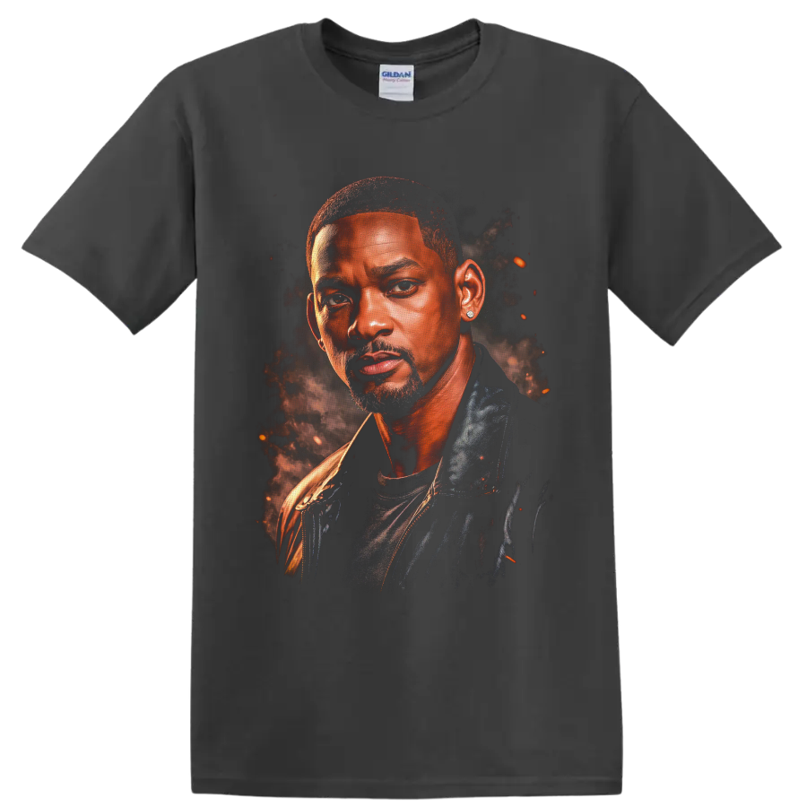 Will Smith cinematic portrait graphic with smoke and glowing ember accents on a Charcoal T Shirt