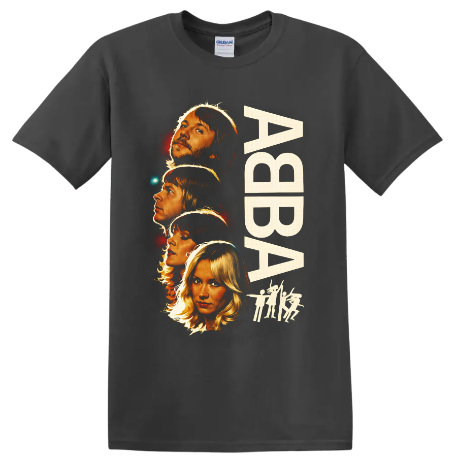 ABBA four-member retro portrait graphic with tall lettering and dancing silhouettes on a Charcoal T Shirt