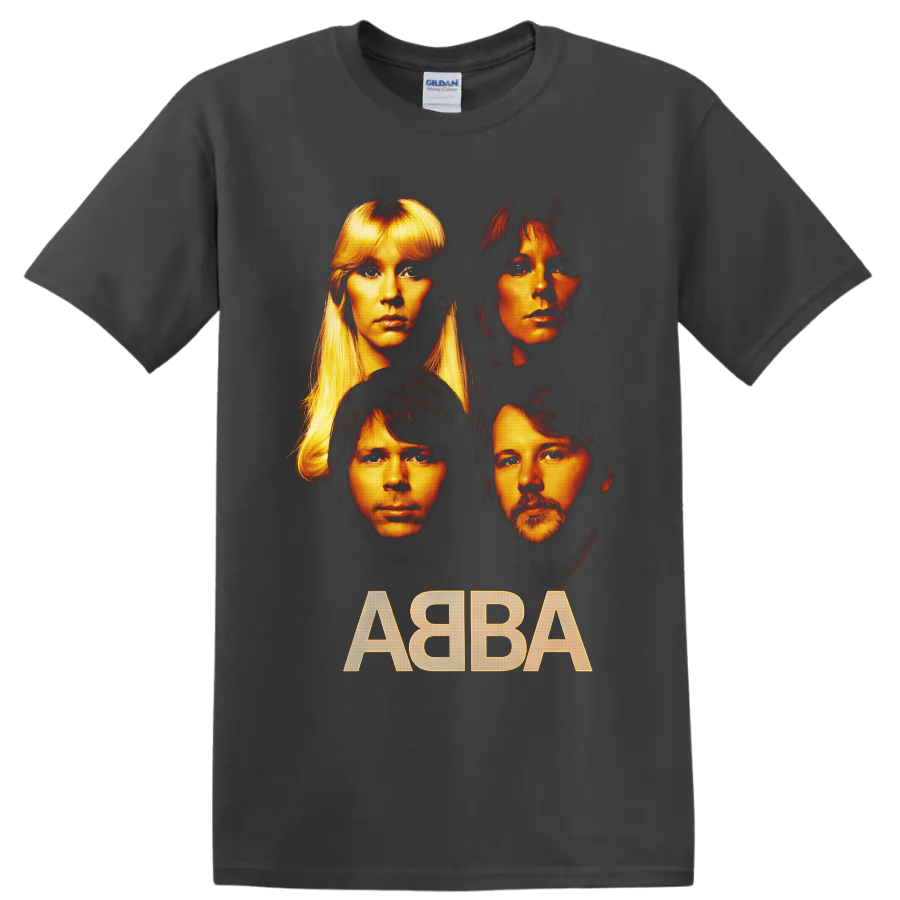 ABBA four-member portraits in dramatic gold and orange with bold ABBA lettering on a Charcoal T Shirt