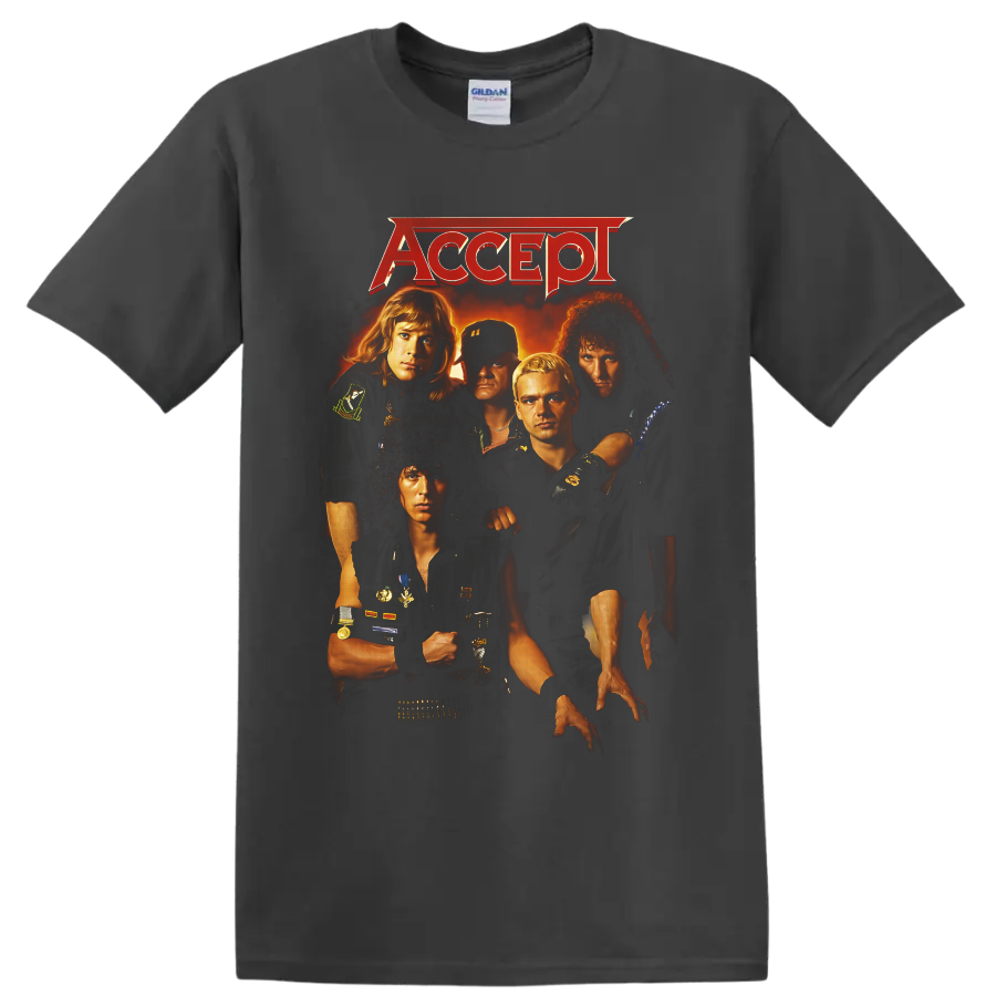 Accept five-member band portrait with red logo and fiery vintage metal poster artwork on a Charcoal T Shirt