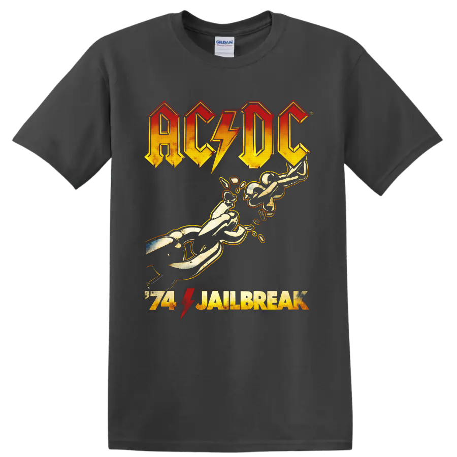 Distressed AC/DC 74 Jailbreak logo with lightning bolt and guitar-playing figures on a Charcoal T Shirt