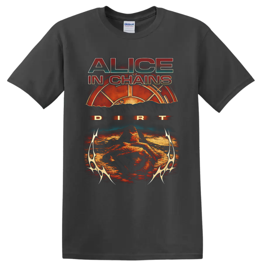 Alice in Chains Dirt album art with distressed text, sunburst, and desert landscape on a Charcoal T Shirt