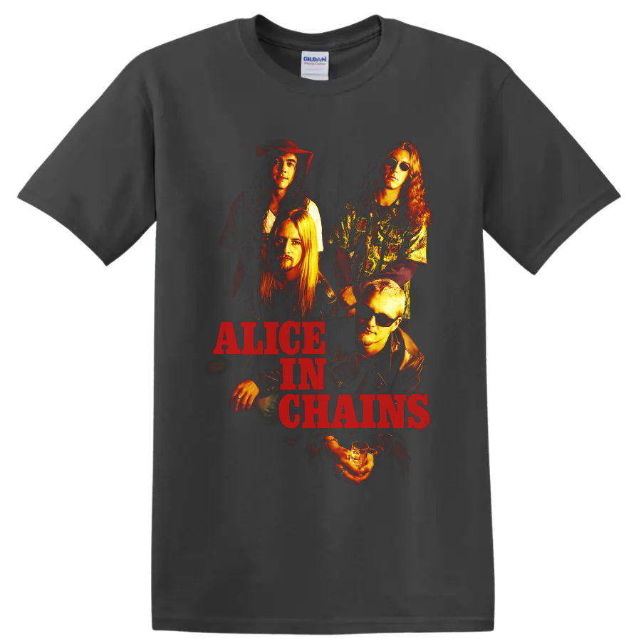 Alice in Chains grunge band portrait with warm lighting and distressed red lettering on a Charcoal T Shirt