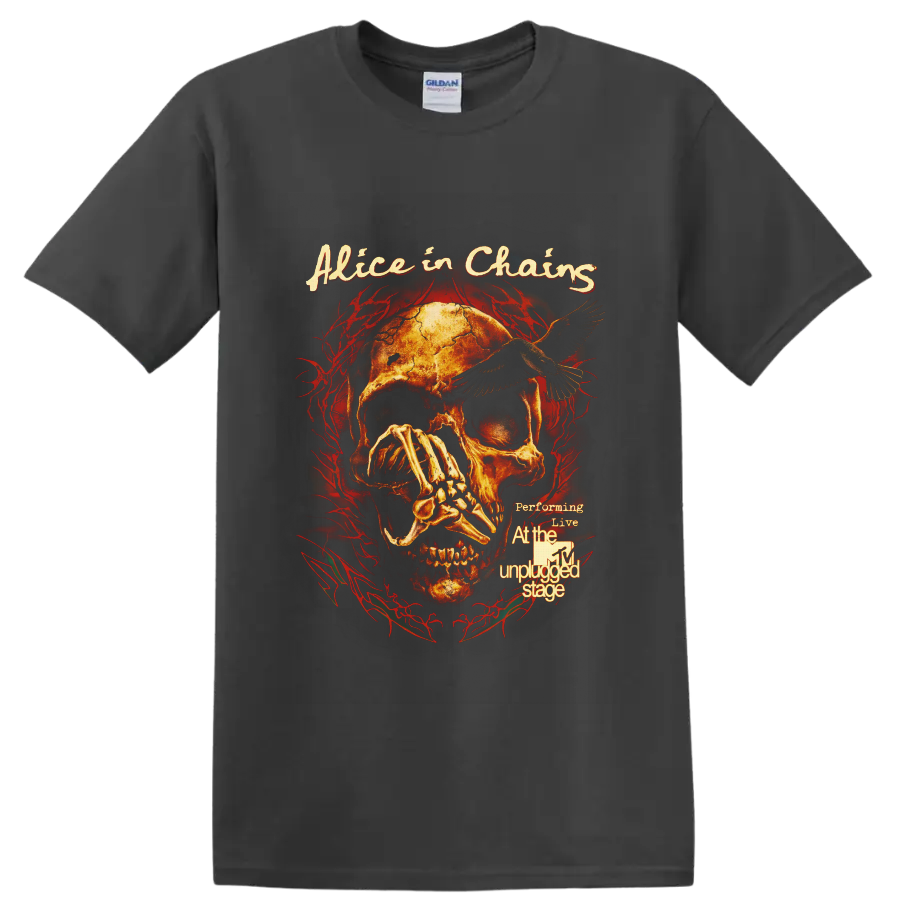 Alice in Chains MTV Unplugged skull, raven, skeletal hand, and red thorn artwork on a Charcoal T Shirt