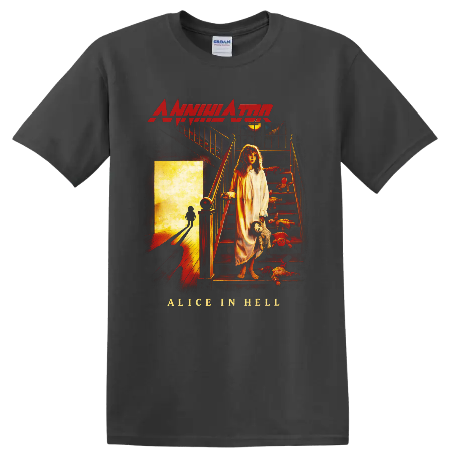 Annihilator Alice in Hell cover art with a girl, staircase, rag dolls, and glowing doorway on a Charcoal T Shirt
