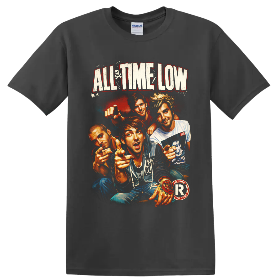 All Time Low four-member illustrated portrait with distressed lettering and punk rock on a Charcoal T Shirt