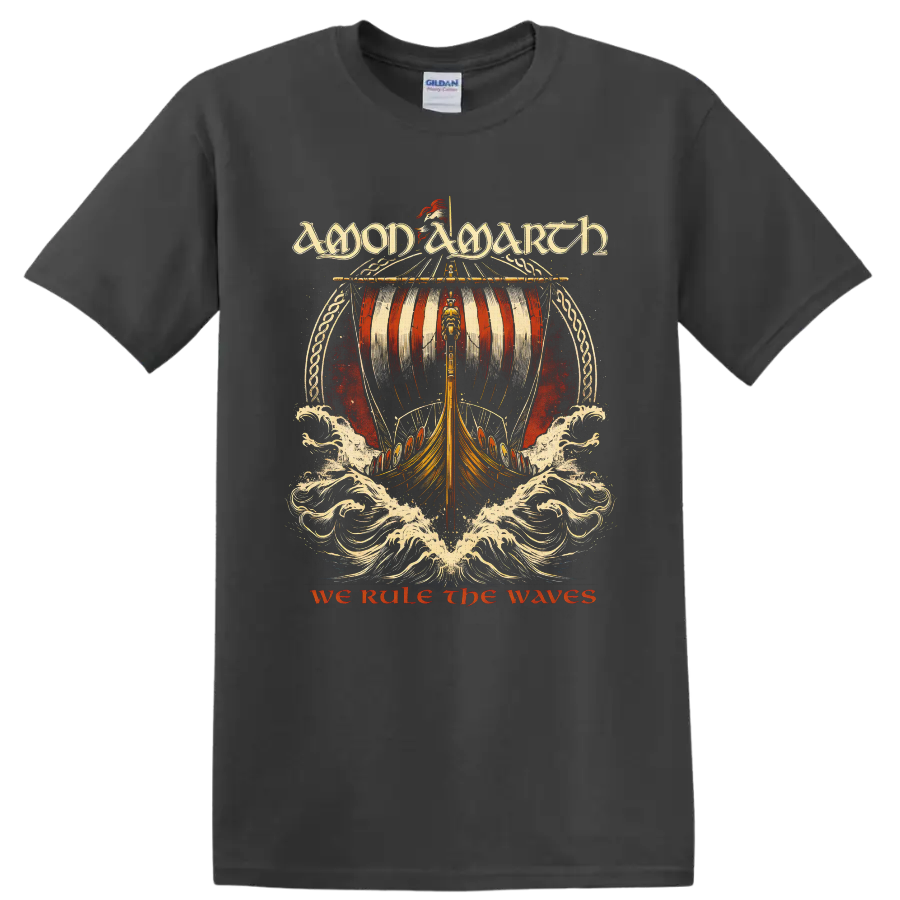 Amon Amarth We Rule the Waves Viking longship and crashing surf metal artwork on a Charcoal T Shirt