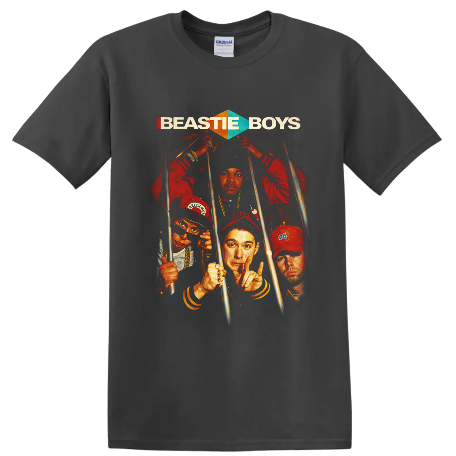 Beastie Boys retro portrait collage behind metal bars with bold logo text on a Charcoal T Shirt