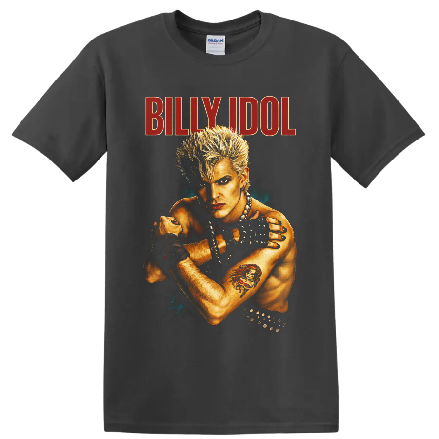 Billy Idol Whiplash Smile punk rock portrait with spiky hair and red BILLY IDOL text on a Charcoal T Shirt