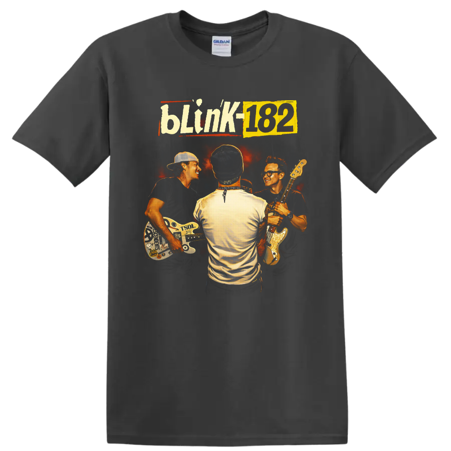 Blink-182 retro concert portrait of three musicians with guitars and fiery backdrop on a Charcoal T Shirt