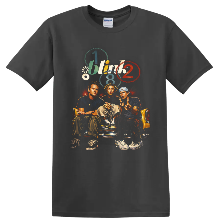 Blink 182 illustrated band portrait on yellow couch with colorful retro number graphics on a Charcoal T Shirt