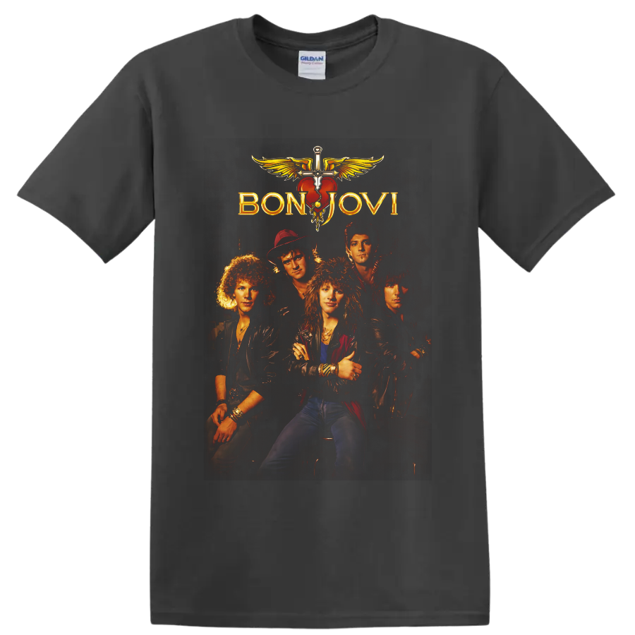 Bon Jovi five-member rock band portrait with gold logo and winged heart dagger emblem on a Charcoal T Shirt