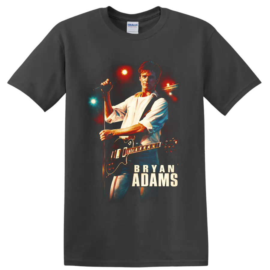 Bryan Adams guitarist at microphone with electric guitar and glowing concert lights on a Charcoal T Shirt