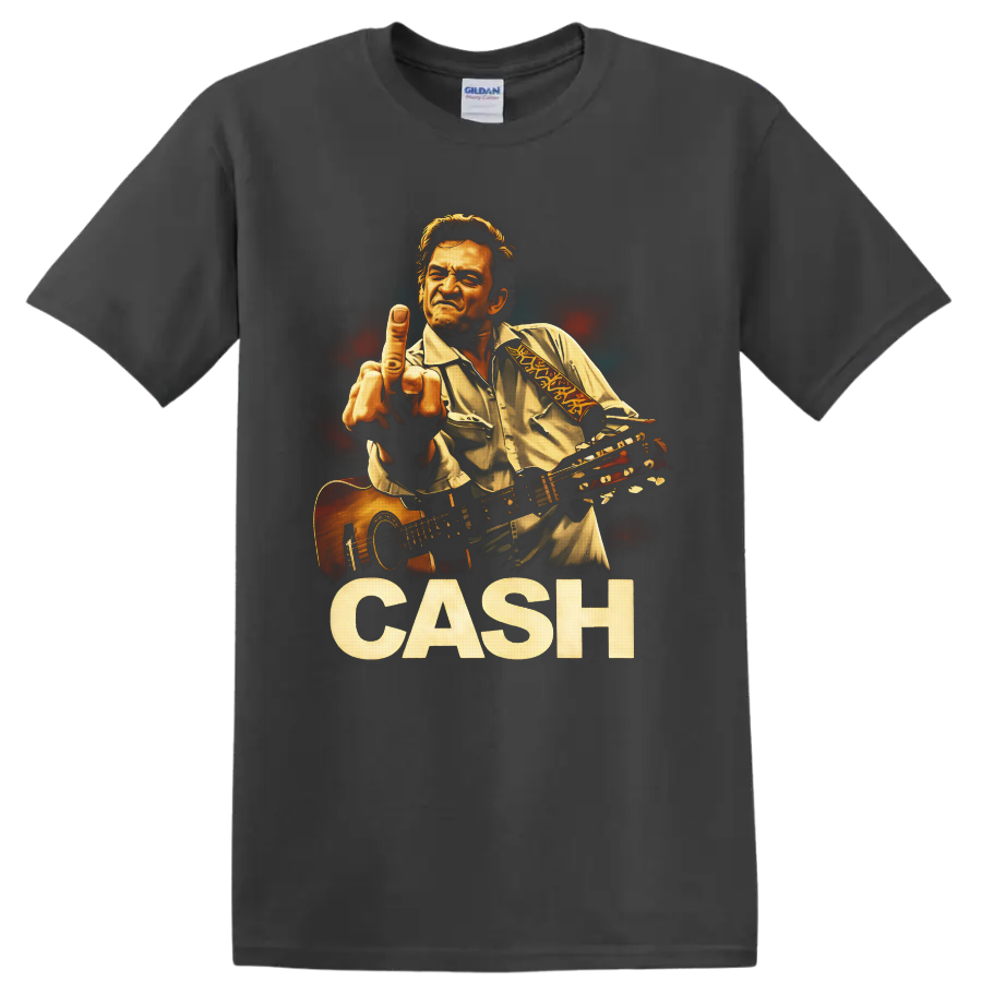 Johnny Cash illustrated guitar portrait with raised hand and distressed CASH lettering on a Charcoal T Shirt