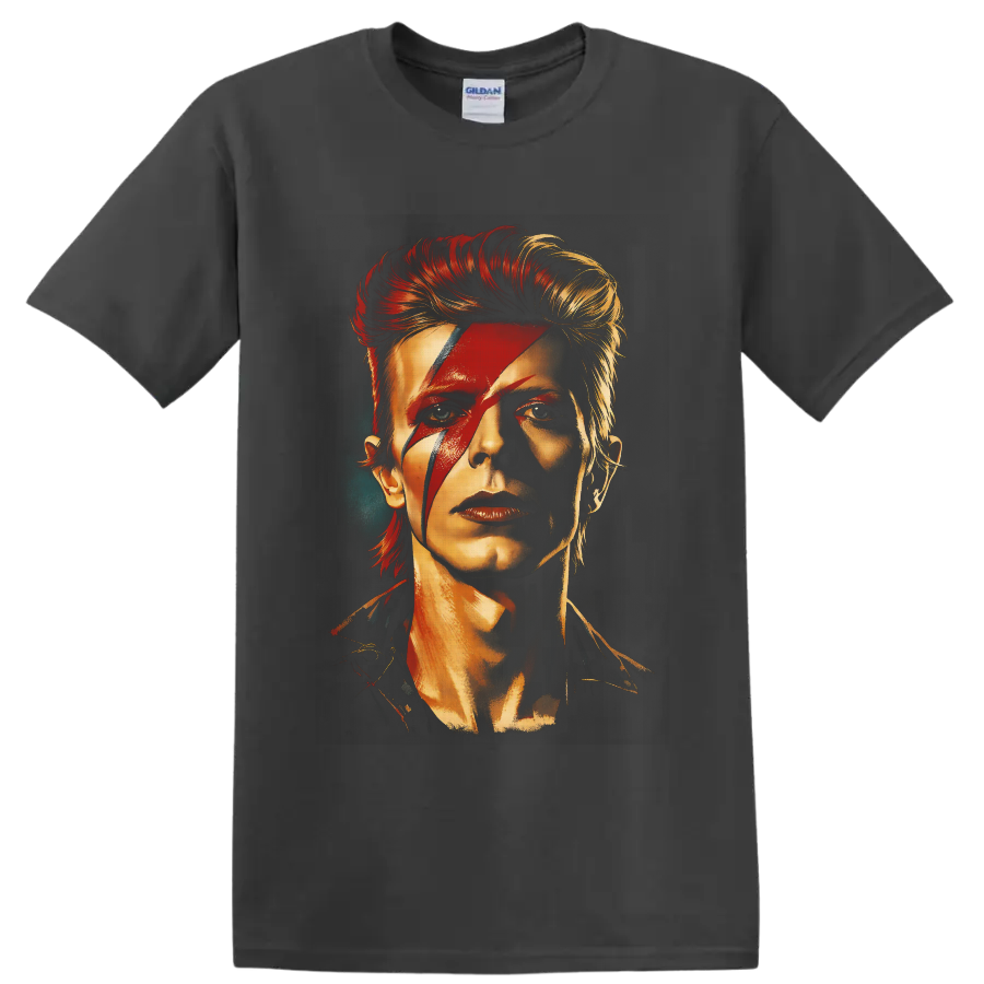 David Bowie Aladdin Sane portrait with red lightning bolt and glam rock styling on a Charcoal T Shirt
