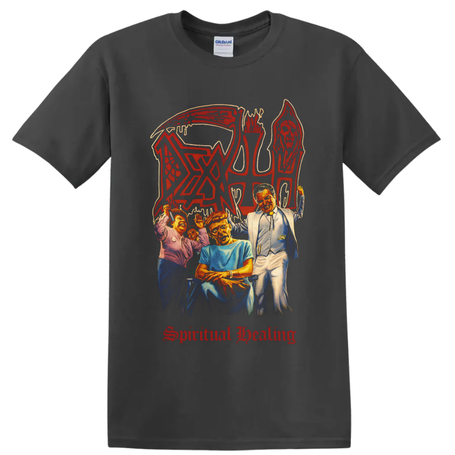 Death Spiritual Healing album art with hooded skull, figures, red logo and gothic text on a Charcoal T Shirt