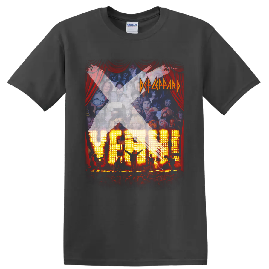 Def Leppard Yeah! album-style concert collage with red curtains and glowing stage on a Charcoal T Shirt