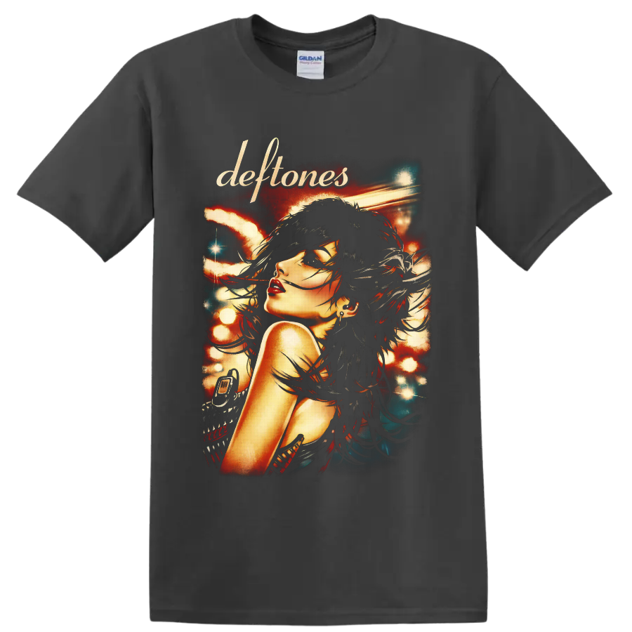 Deftones gothic woman portrait with windswept hair and glowing concert-poster lights on a Charcoal T Shirt