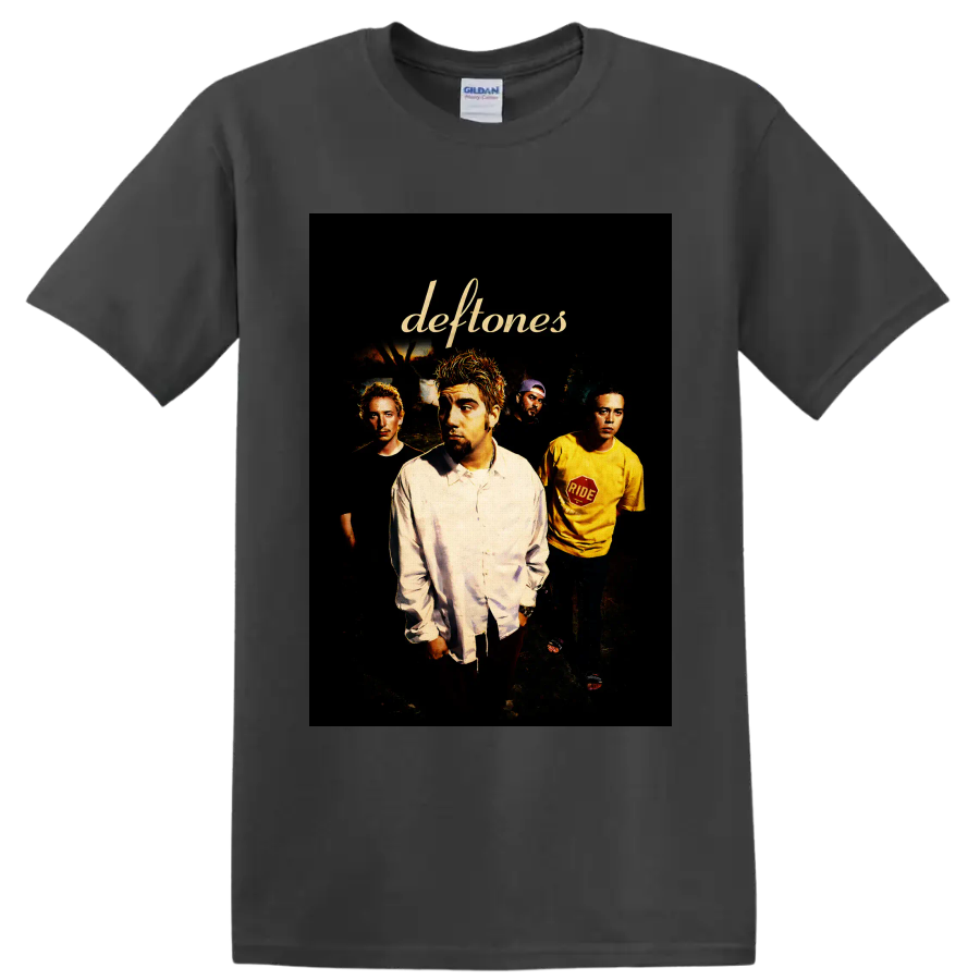Deftones band portrait with Chino Moreno and gold script logo on a Charcoal T Shirt