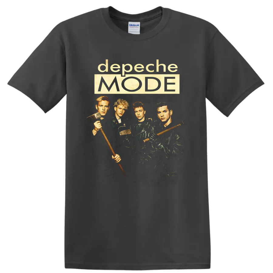 Depeche Mode Construction Time Again band portrait with hammers and cream logo text on a Charcoal T Shirt