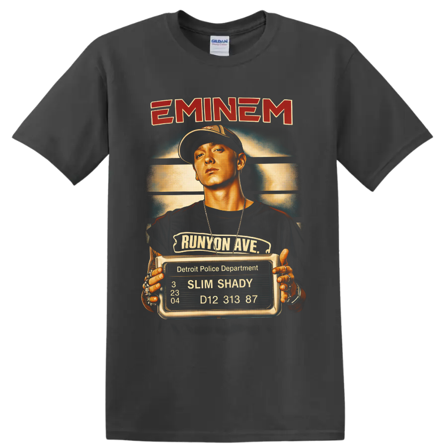 Eminem Slim Shady portrait with Runyon Ave sign and Detroit booking board on a Charcoal T Shirt