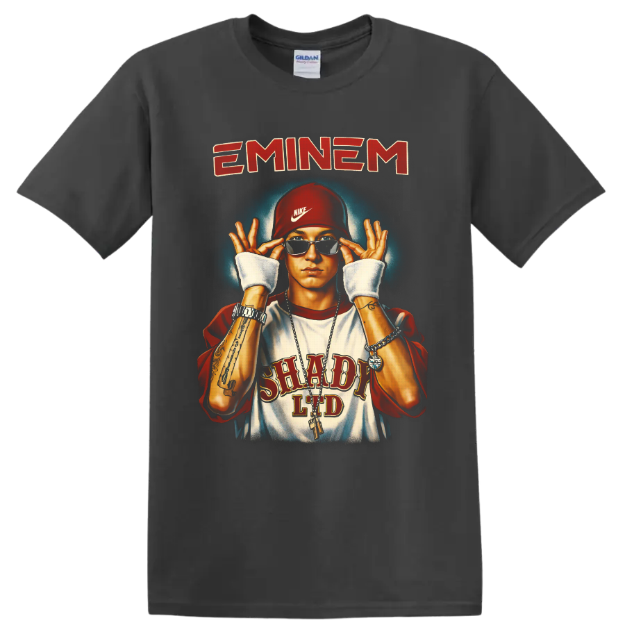 Eminem portrait illustration with sunglasses, red cap, chains, and retro lettering on a Charcoal T Shirt