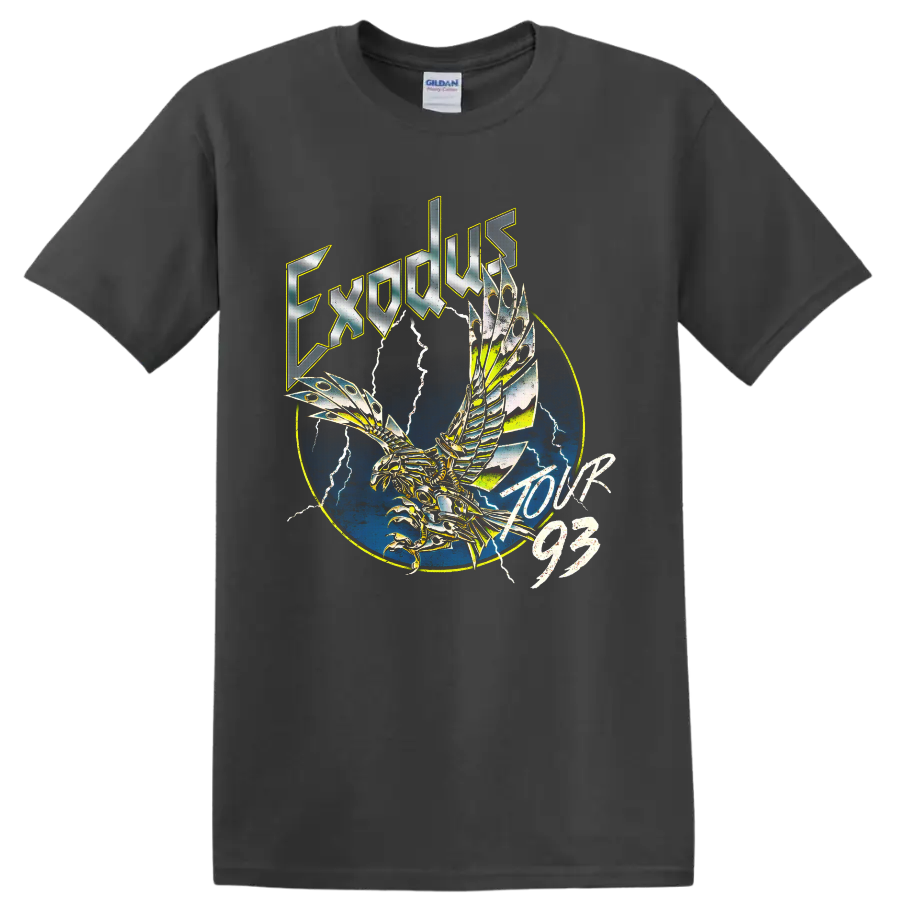 Exodus Tour 93 mechanical eagle with lightning and blue circular metal artwork on a Charcoal T Shirt