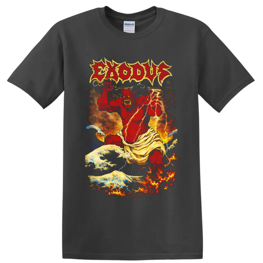 Exodus red demon with sword, lightning, ocean waves, fire, and distressed logo on a Charcoal T Shirt