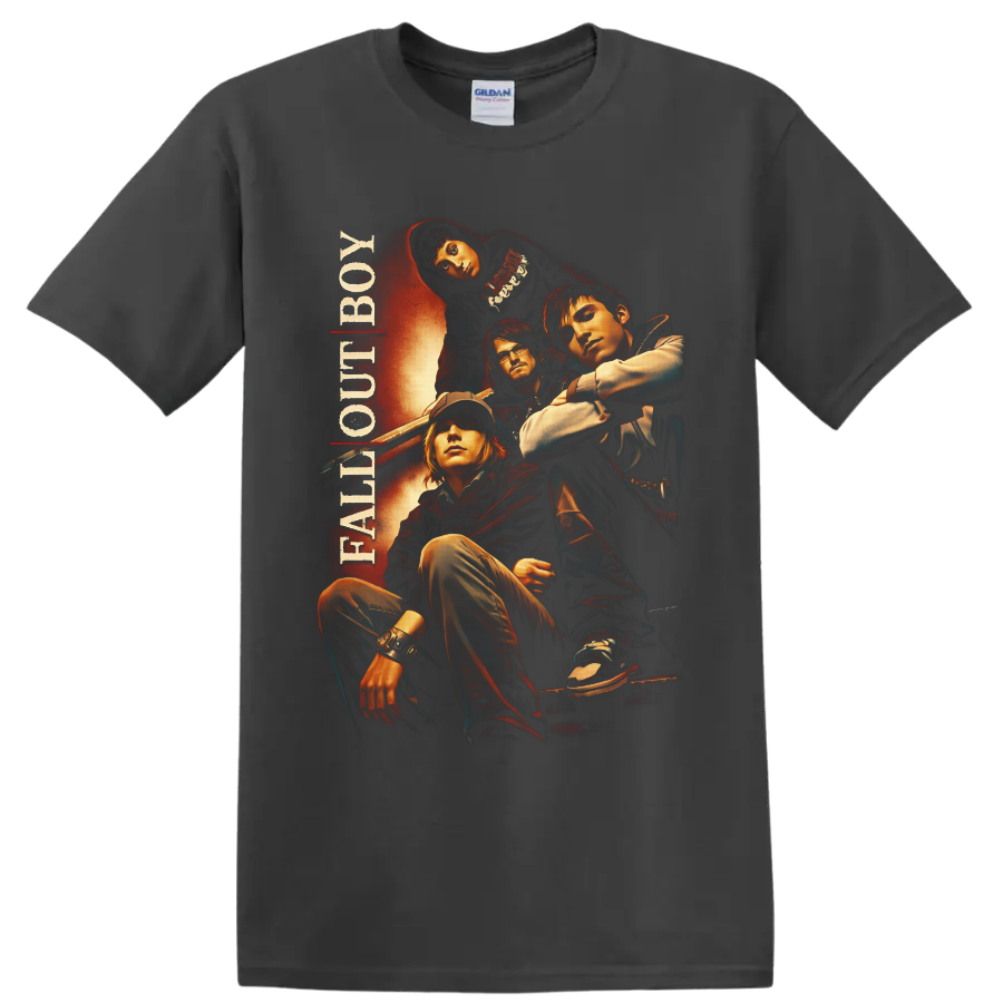 Fall Out Boy four-member portrait in fiery retro rock poster style with vertical band text on a Charcoal T Shirt