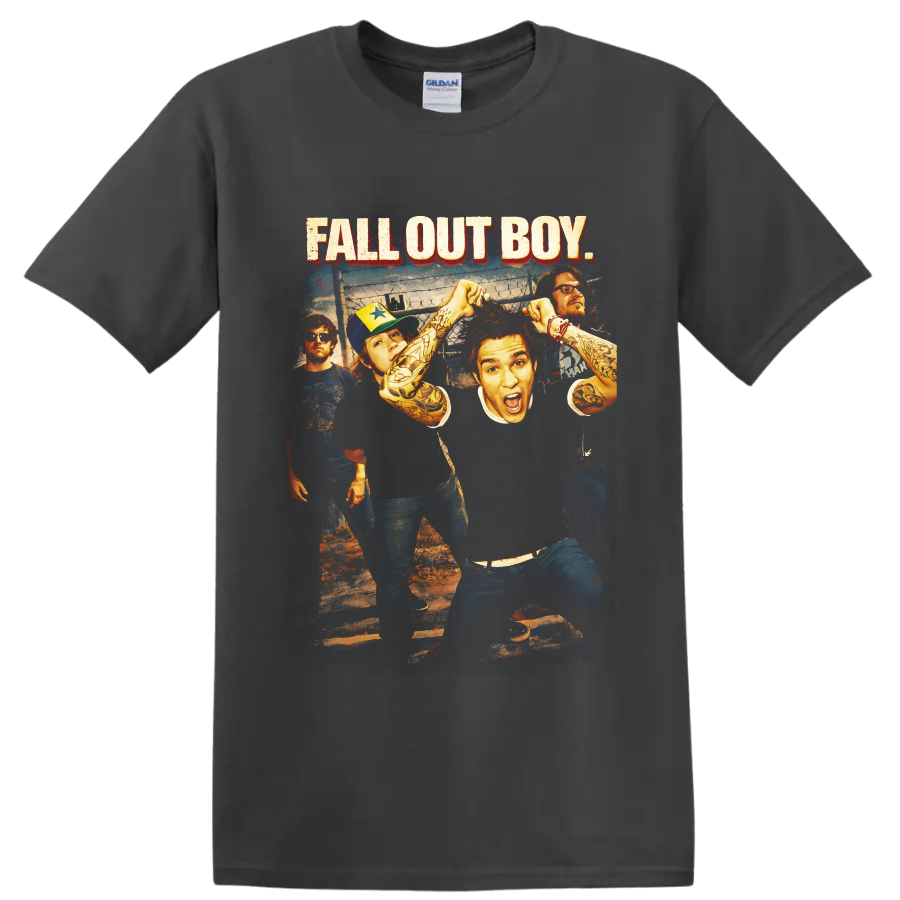 Fall Out Boy band photo with distressed red-shadowed lettering and punk rock styling on a Charcoal T Shirt