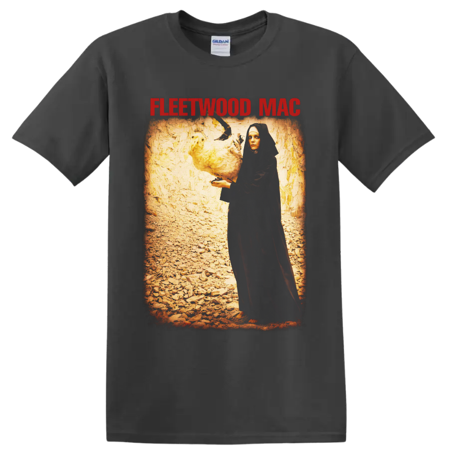Fleetwood Mac gothic hooded figure and white dove vintage rock artwork on a Charcoal T Shirt