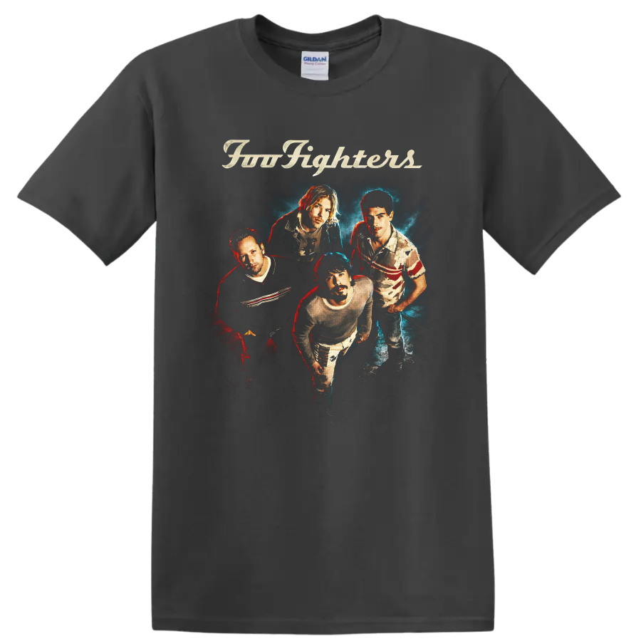 Foo Fighters four-member portrait with cream script and red-blue concert lighting on a Charcoal T Shirt